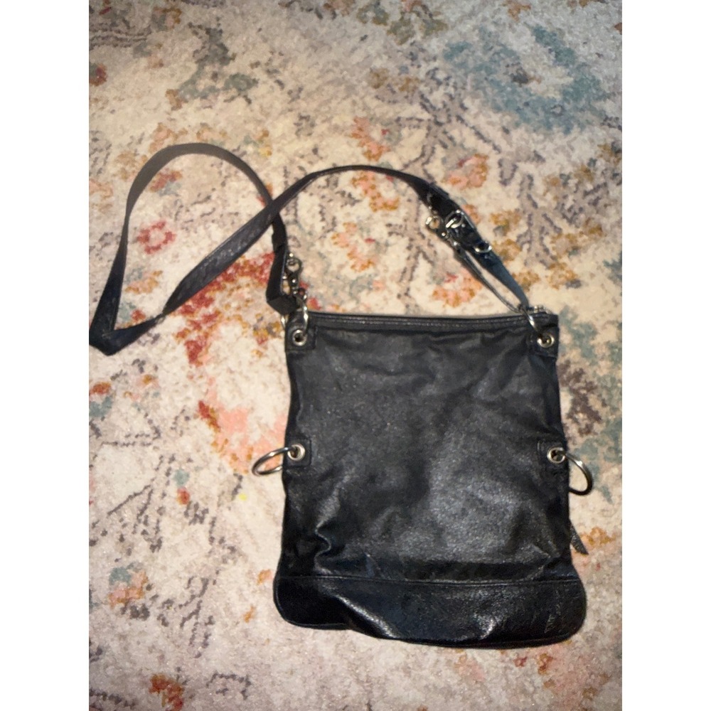 The Sak Black Leather Foldover Crossbody Messenger Bag Silver Hardware
